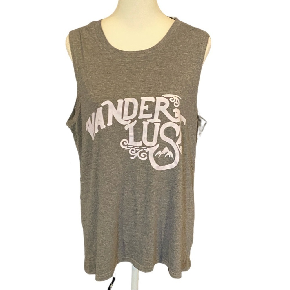 Gray Wanderlust Graphic Tank Top. White Lettering. Size L. Some Stretch.